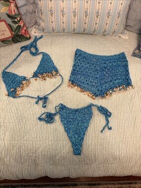 Blue Crochet Bikini Set with Shell Trim